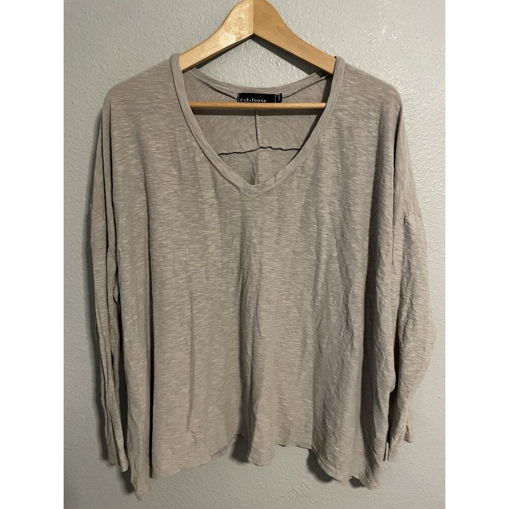 Cut Loose Womens Top One Size Gray Linen Blend Stretch V Neck Boxy Lagenlook